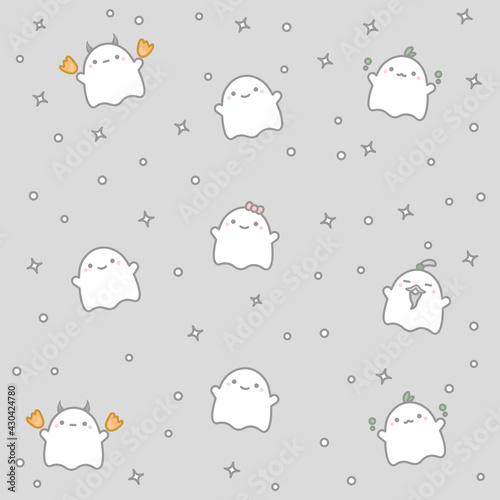 Cute pattern with little ghosts on a gray background.
