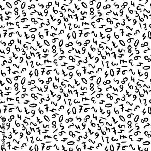 Small ink numbers isolated on white background. Monochrome seamless pattern. Vector simple flat graphic hand drawn illustration. Texture.