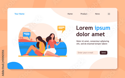 Two women relaxing on nature and using smartphones. Nature, social media, message flat vector illustration. Digital technology and lifestyle concept for banner, website design or landing web page