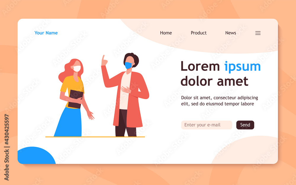 Man and woman talking and wearing masks. Protection, face, distance flat vector illustration. Pandemic and virus concept for banner, website design or landing web page