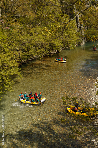 Rafting on river Vjose or river Aoos in Vikos National park near Kleidonia stone bridge