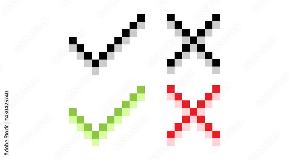 set of flat vector mark buttons green check marks and red crosses signs. Pixel Icons. set of flat vector mark buttons green check marks and red crosses signs. Pixel Icons.