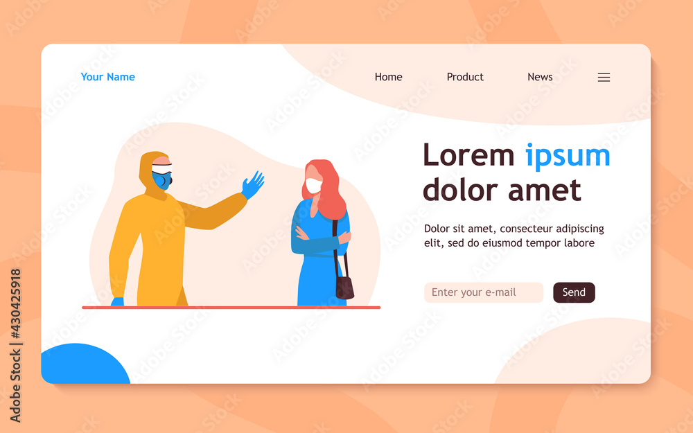 Person in protective costume waving to woman in mask. Respirator, coronavirus, protection flat vector illustration. Pandemic and prevention concept for banner, website design or landing web page Person in protective costume waving to woman in mask. Respirator, coronavirus, protection flat vector illustration. Pandemic and prevention concept for banner, website design or landing web page