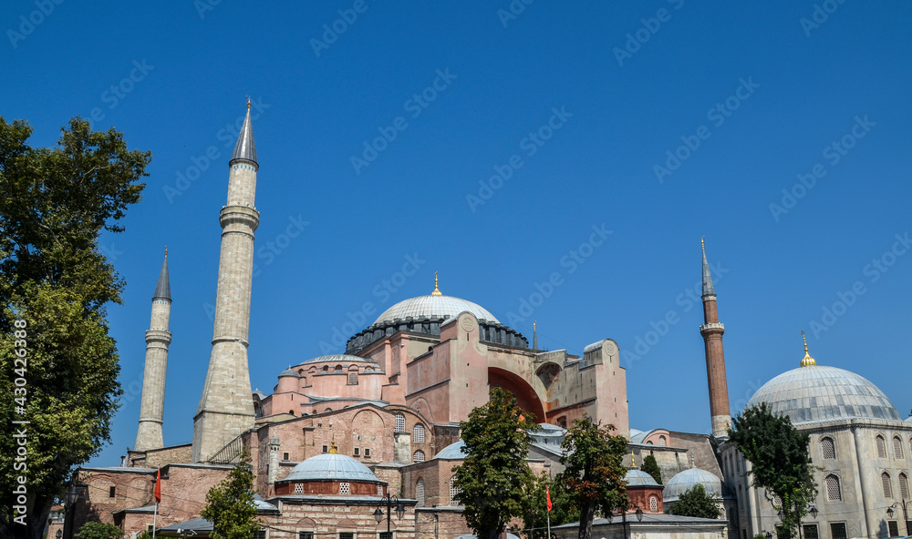 Byzantine cathedral of Hagia Sophia in Sultanahmet Square in Fatih District on a sunny day. Istanbul, Turkey