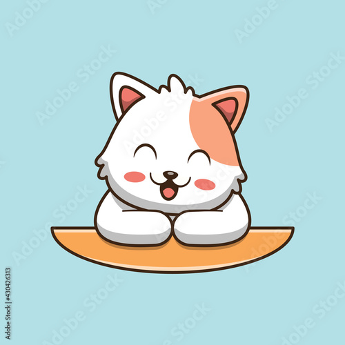 cute cat stands at the table cartoon illustration