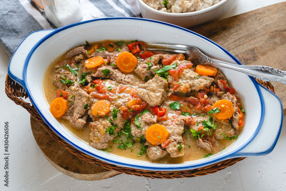 Beef stew in gravy with vegetables. Meat goulash Beef stew in gravy with vegetables. Meat goulash