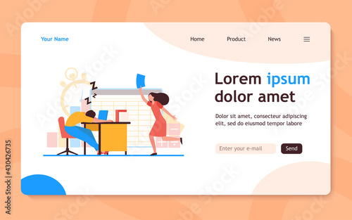 Lazy office worker. Man sleeping at workplace, colleague with paper running to him flat vector illustration. Burnout, fatigue, tired employee concept for banner, website design or landing web page