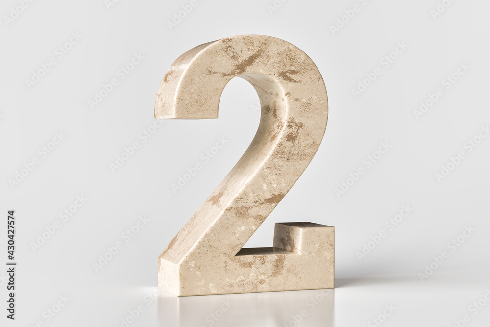 3D number 2 made of beige marble in perspective view. Set sail champagne 2021 trending color. High quality 3d rendering.