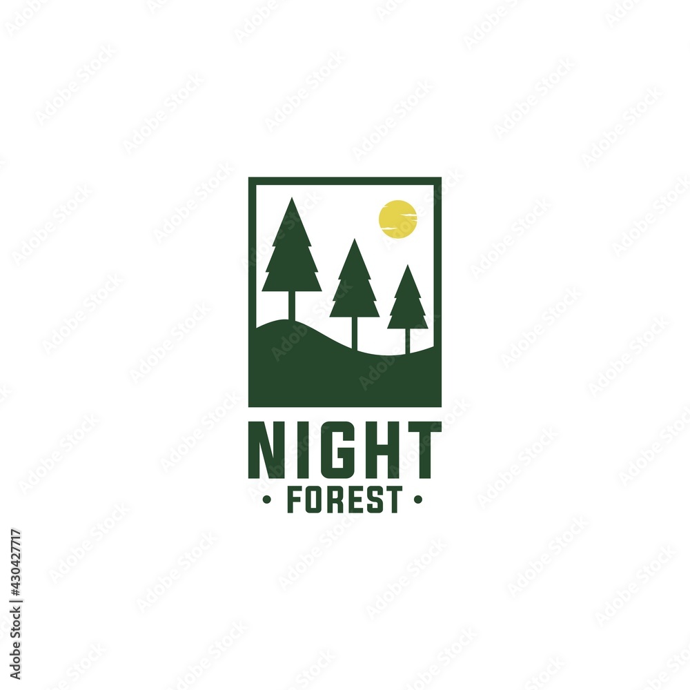 Night Forest. Simple logo template concept of 3 pine trees on a hill with a beautiful moon. Vector illustration Night Forest. Simple logo template concept of 3 pine trees on a hill with a beautiful moon. Vector illustration