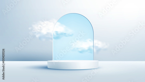 Product display podium decorated with realistic cloud on pastel background