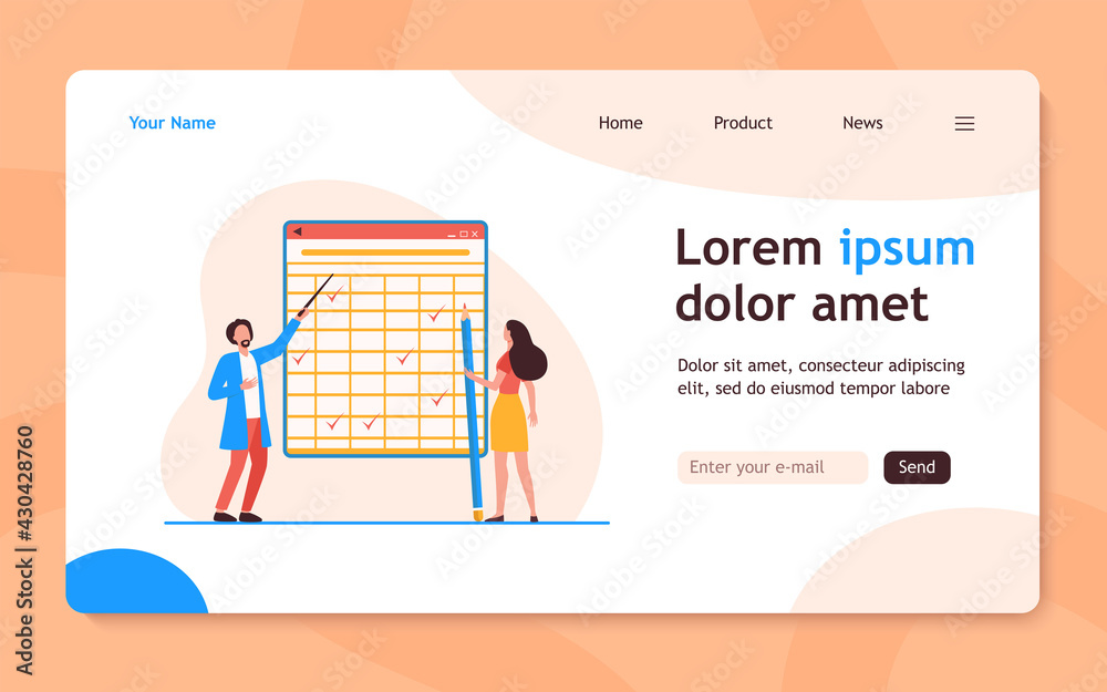 Tiny people looking at checkmarks in huge table. Pencil, woman, mark flat vector illustration. Report and digital technology concept for banner, website design or landing web page