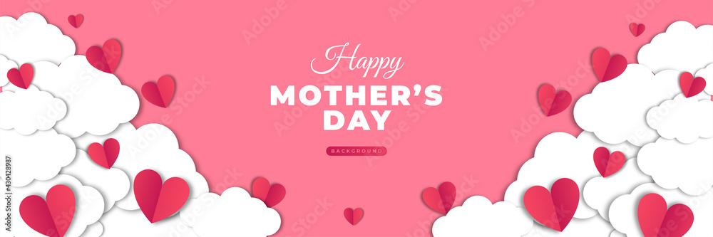 Horizontal banner with paper cut clouds and flying hearts in sky, papercut craft art. Place for text. Happy Mother's Day sale concept, voucher typography template.