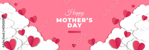 Horizontal banner with paper cut clouds and flying hearts in sky, papercut craft art. Place for text. Happy Mother's Day sale concept, voucher typography template.