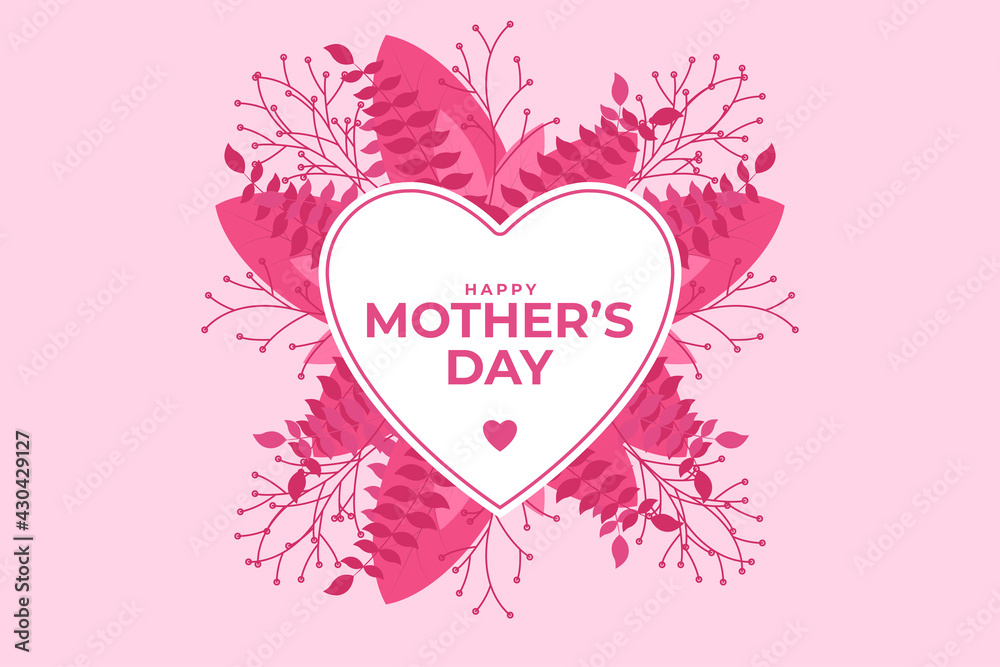 Beautiful Happy Mother's day concept with Abstract Background, pink color combination,leaves, and hearts. Cute love sale banner or greeting card. Vector Illustration