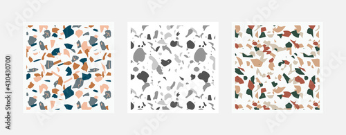 Colorful venetian terrazzo imitation seamless pattern. Realistic marble texture with stone fragments. Modern minimalistic floor tile for interior decoration. Trendy abstract vector illustration.