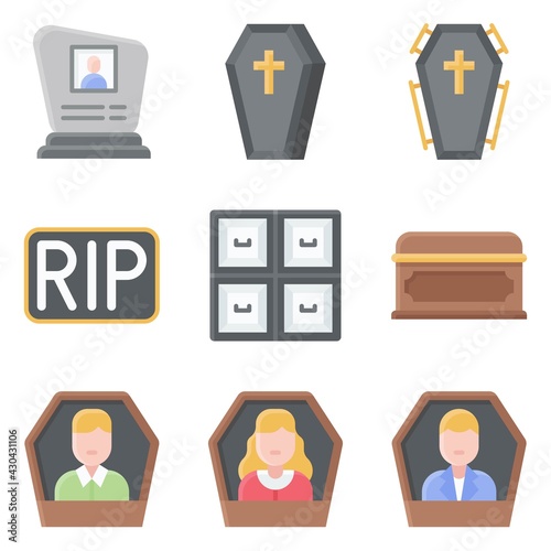 Funeral related vector icon set 3, flat style