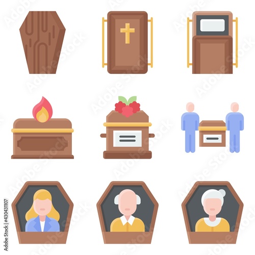 Funeral related vector icon set 4, flat style