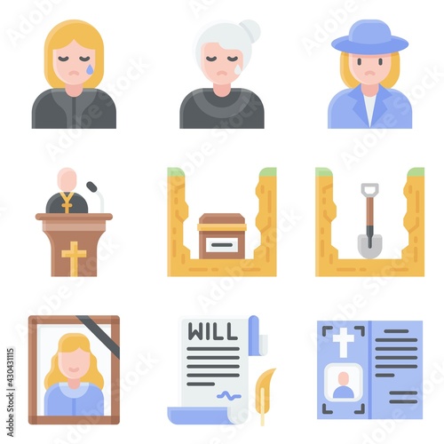 Funeral related vector icon set 6, flat style
