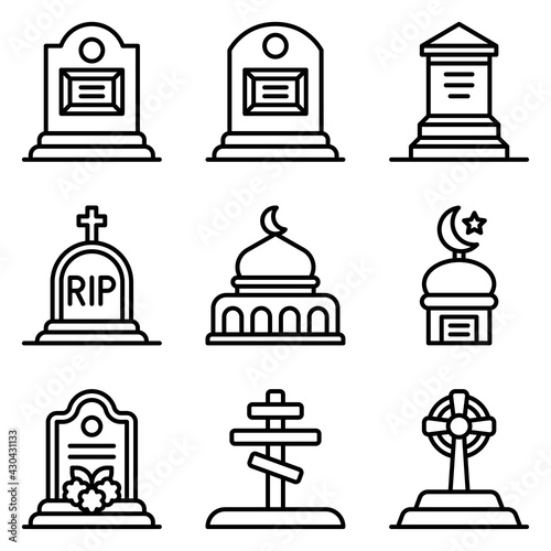 Funeral related vector icon set, line style