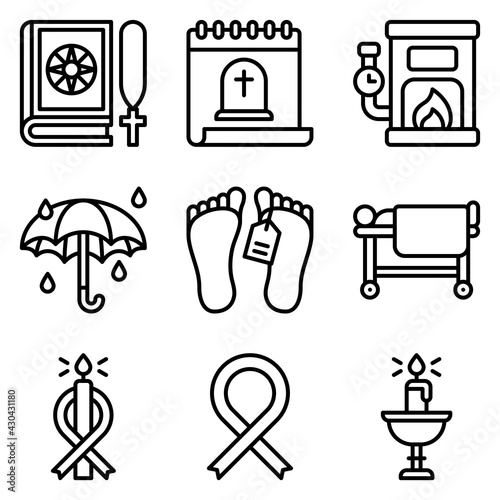 Funeral related vector icon set 7, line style