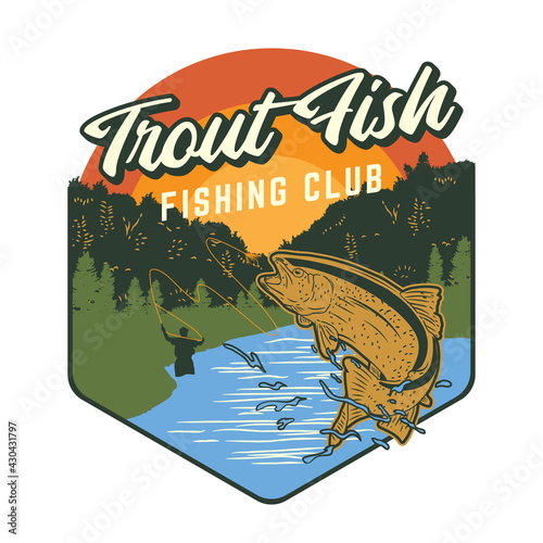 Fishing club logo design with trout fish illustration