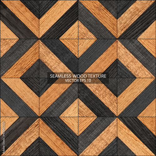 Seamless rustic parquet floor texture with square pattern, EPS 10 vector. Black and brown wooden background.