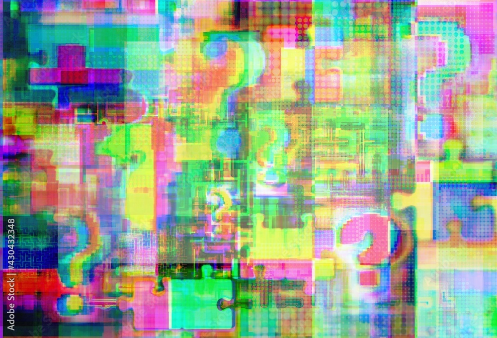 Question marks, intricacies and jigsaw puzzle in glitch space, background for selfie, eureka, understanding, company style etc