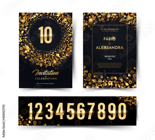 Birthday vector black paper luxury invitation double card with golden numbers collection. Wedding anniversary celebration brochure. Template of invitational for print dark background with bokeh lights