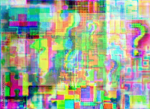 Question marks, intricacies and jigsaw puzzle in glitch space, background for monitor, code, understanding, company style etc © like-like