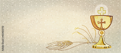 The first Holy Communion, mosaic. Christian background. photo