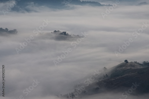 Fluffy fog stream is covering a valley in a morning