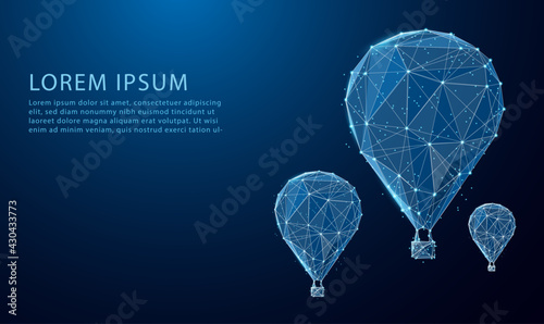low poly with balloons flies to the sky glowing blue. Low polygon, particle, and triangle style design.Wireframe light connection structure.