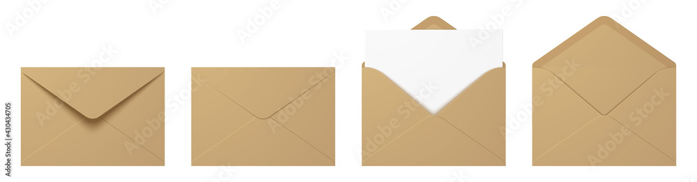 Vector set of realistic craft paper envelopes in different positions. Folded and unfolded envelope mockup isolated on a white background. - obrazy, fototapety, plakaty 