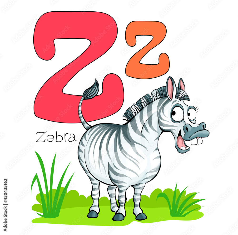 Fototapeta premium Vector illustration. Alphabet with animals. Large capital letter Z with a picture of a bright, cute zebra.
