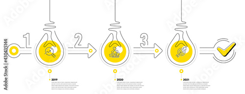 Infographic timeline with lamp light bulbs and icons. 3 steps idea journey path concept of business project process. Infographic path timeline. Business journey goal. Continuous line bulbs. Vector