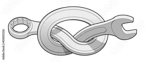 Box wrench bent into a knot. Twisted spanner repair tool. Sign for support service workshop. Isolated vector illustration with editable outlines.