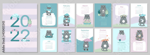 A4 calendar or planner 2022 kawaii cartoon funny grumpy sad angry cat, cute character. Cover and 12 monthly pages. Week starts on Monday, vector illustration blue and violet colors