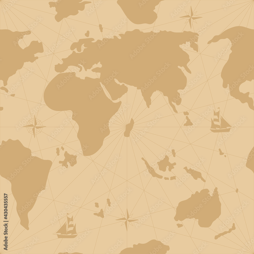 Hand drawn vector seamless map with compass and sailing ship.