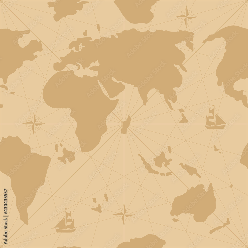Fototapeta premium Hand drawn vector seamless map with compass and sailing ship.