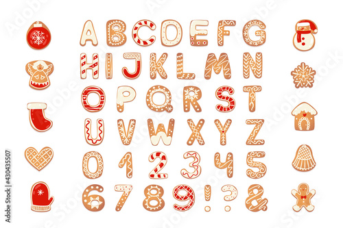 Christmas gingerbread cookies alphabet with figures. Biscuit letters, characters for xmas messages and design. Vector illustration with decorations.