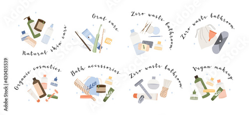 Bathroom accessories, bath item, toiletry. Dental cleaning tools, natural skin care, organic cosmetics. Zero waste bathroom, reusable products. Eco friendly lifestyle. Vector flat cartoon illustration