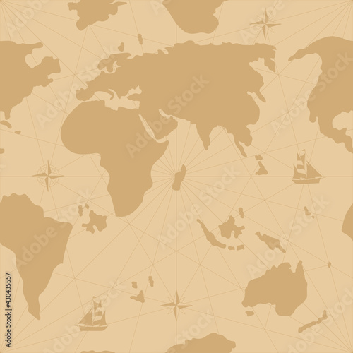 Hand drawn vector seamless map with compass and sailing ship.
