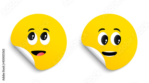 Cartoon face expressions on stickers. Surprised face and interested emotions tags. Cute funny characters. Happy tongue cartoon smile. Vector set of circle adhesive symbol. Paper round sticker. Vector