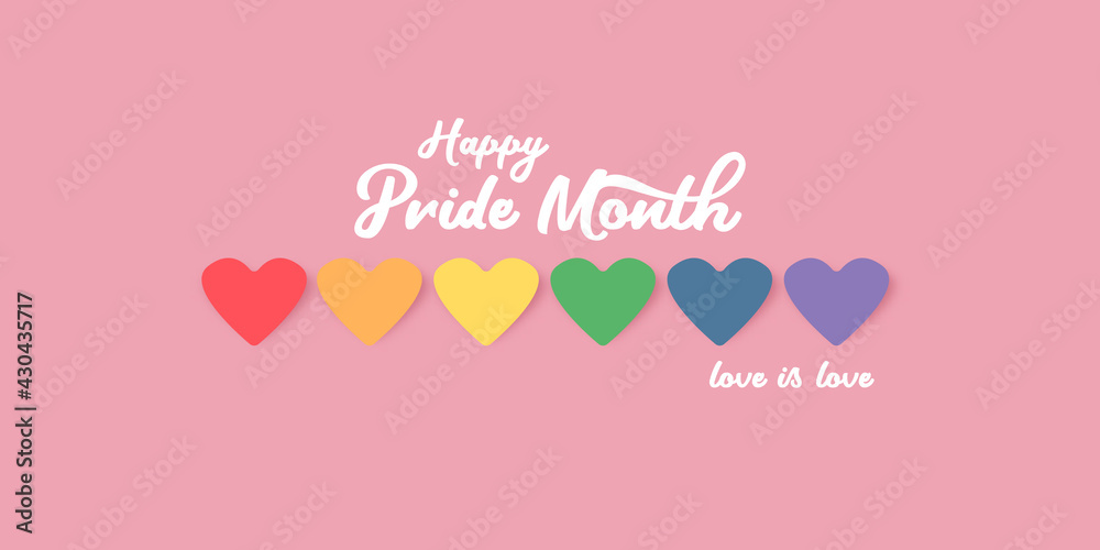 Happy pride month horizontal banner with heart and pride color flag isolated on pink background. Pride month or pride day poster, flyer, invitation party card deign template.