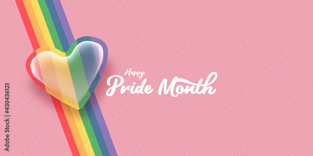 Happy pride month horizontal banner with heart and pride color flag isolated on pink background. Pride month or pride day poster, flyer, invitation party card deign template. Happy pride month horizontal banner with heart and pride color flag isolated on pink background. Pride month or pride day poster, flyer, invitation party card deign template.