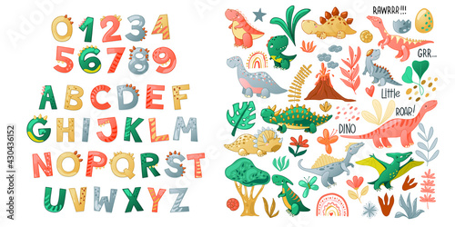 Cartoon cute Dinosaur alphabet. Dino font with letters and numbers. Children Vector illustration for t-shirts, cards, posters, birthday party events, paper design, kids and nursery design © Tatiana Sidenko