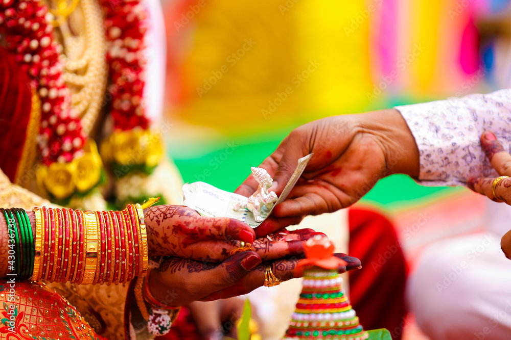 Traditional indian wedding ceremony, groom and bride hand