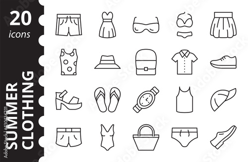 Summer clothing icons set. Collection vector symbols in a simple linear style.