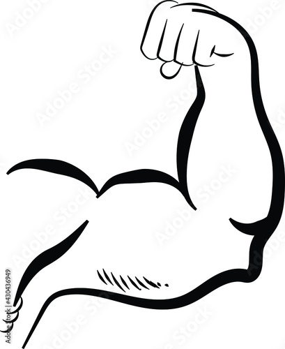 Left strong arm with big mussels of bodybuilding man, doodle style line art drawing 