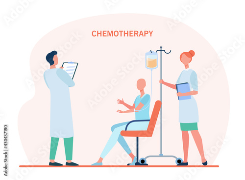 Doctors treating patient with chemotherapy. Disease, cancer, clinic flat vector illustration. Medicine and treatment concept for banner, website design or landing web page